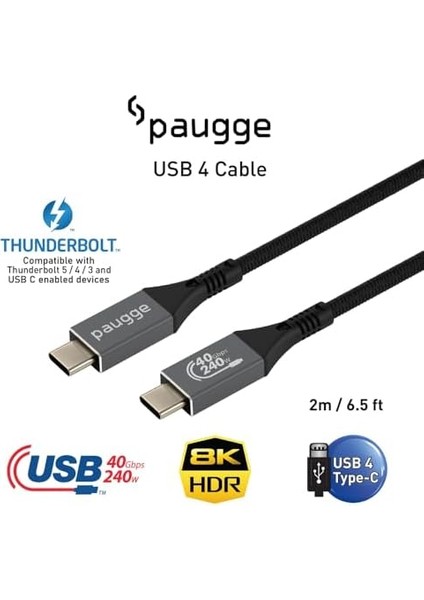 USB 4 Kablo - 40GBPS, USB C Görüntü, Ses, Data ve Şarj Kablosu - 8k 60Hz, 4K 144Hz /120Hz / 60Hz, Hdr (2 Metre) fiyatları