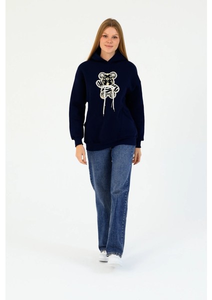 Kadın Ayıcık Aksesuarlı Kapüşonlu 3ip Sweatshirt Lacivert - 2685 fırsatları