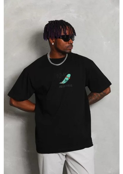 Unisex Oversize Baskılı Bisiklet Yaka T-Shirt - Siyah