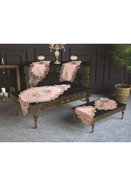 Diyarı Fransız Güpürlü Yasemin Kadife Salon Takımı 5 Parça Pudra 161757