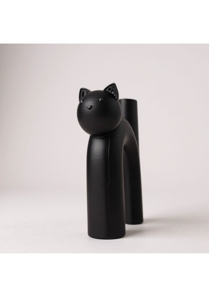 Modern Minimalist Kedi Figürlü Vazo – Siyah Mat Plastik Dekoratif Obje (18 Cm)