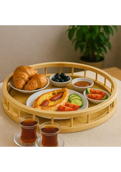 Premium Bambu Serisi 35 cm Çitli Yuvarlak Tepsi