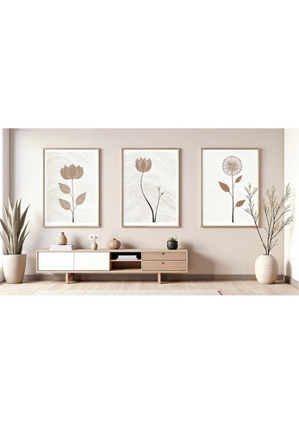 3 Parça Çerçeveli Dekoratif Çiçekler Ahşap Tablo Seti, Ev Dekoru Bestablo