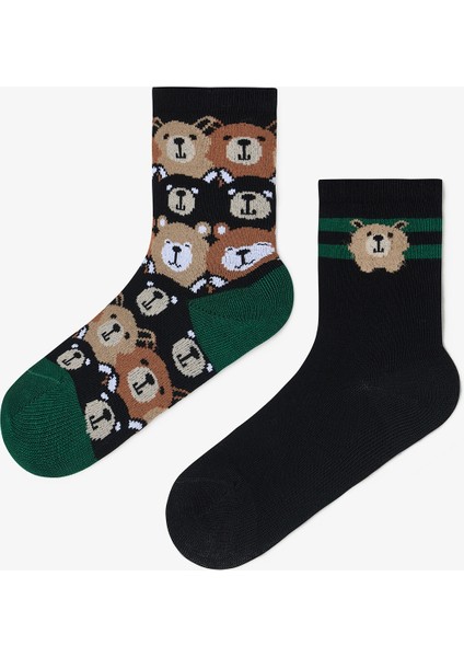 Siyah Erkek Çocuk Bear Friends Ayı Desenli 2'li Soket Çorap