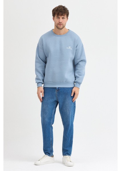 Oversize Bisiklet Yaka Şardonlu Erkek Sweatshirt 3 Iplik Pamuklu Mavi - 2xl fiyatları