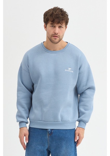 Oversize Bisiklet Yaka Şardonlu Erkek Sweatshirt 3 Iplik Pamuklu Mavi - 2xl modelleri