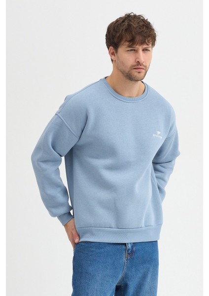 Oversize Bisiklet Yaka Şardonlu Erkek Sweatshirt 3 Iplik Pamuklu Mavi - 2xl fırsatları