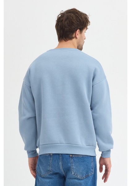 Oversize Bisiklet Yaka Şardonlu Erkek Sweatshirt 3 Iplik Pamuklu Mavi - 2xl