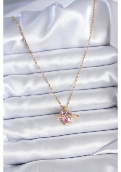 316L Çelik Gold Renk Zincir Pembe Kristal Kalp Model Zirkon Taş Detay Kadın Kolye fiyatları