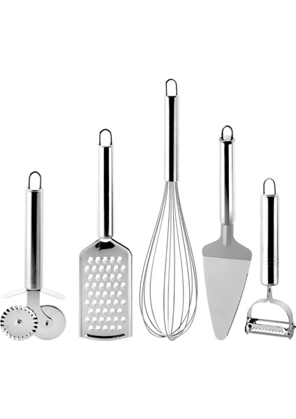 Paslanmaz Çelik 5’li Mutfak Seti, Paslanmaz Çelik Rende, Çırpıcı, Soyucu, Servis ve Hamur Kesici