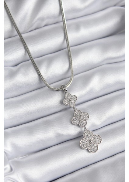 316L Çelik Gümüş Renk Italyan Zincir Zirkon Taşı Yonca Model Kadın Kolye