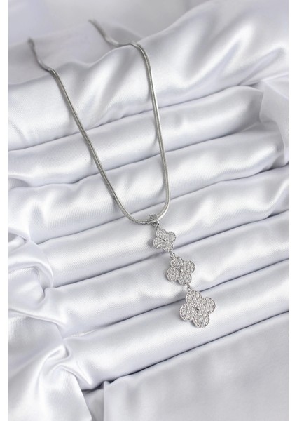316L Çelik Gümüş Renk Italyan Zincir Zirkon Taşı Yonca Model Kadın Kolye fiyatları