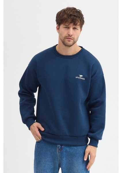 Oversize Bisiklet Yaka Şardonlu Erkek Sweatshirt 3 Iplik Pamuklu Indigo - 2xl