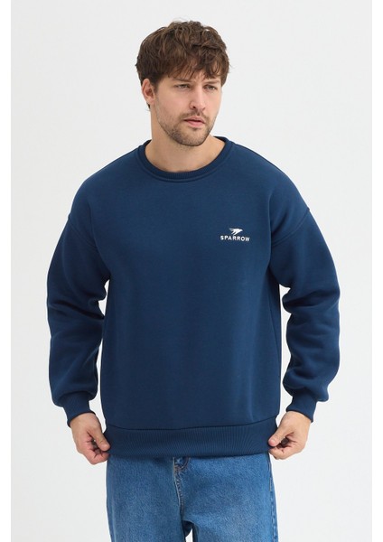 Oversize Bisiklet Yaka Şardonlu Erkek Sweatshirt 3 Iplik Pamuklu Indigo - 2xl modelleri
