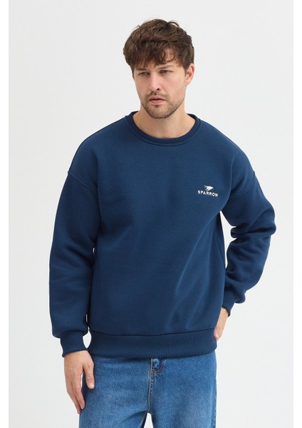 Oversize Bisiklet Yaka Şardonlu Erkek Sweatshirt 3 Iplik Pamuklu Indigo - 2xl fırsatları
