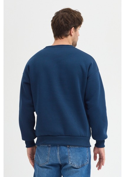 Oversize Bisiklet Yaka Şardonlu Erkek Sweatshirt 3 Iplik Pamuklu Indigo - 2xl