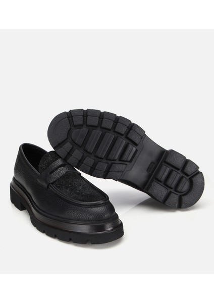 02AYH312340A100 ERKEK Deri Siyah Kırçıllı Yüksek Tabanlı Klasik Loafer