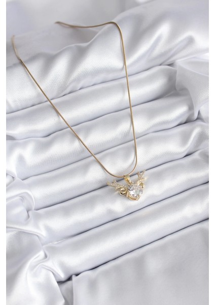 316L Çelik Gold Renk Zirkon Taşlı Boynuz Model Kadın Kolye fiyatları