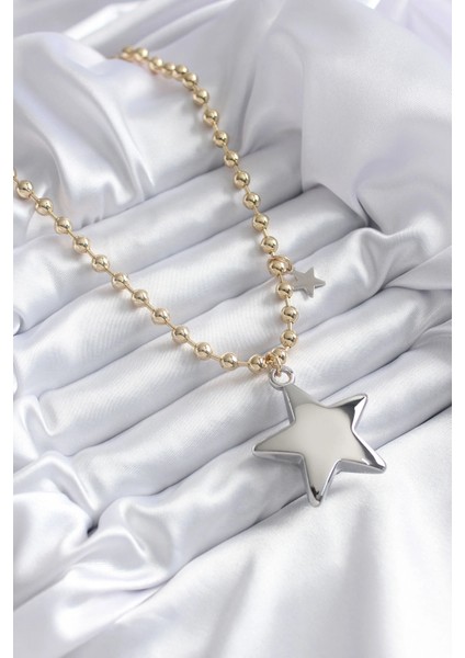 Pirinç Gold Renk Topçuk Zincir Gümüş 3D Yıldız Model Yıldız Detay Vip Kadın Kolye fiyatları
