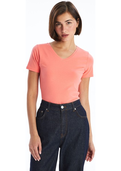 Yeni Sezon V Yaka Düz Kısa Kollu Kadın Tişört