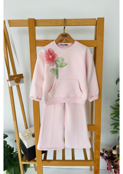 Boncuklu Çiçek Işlemeli Çimalı Kız çocuk takım - Pudra