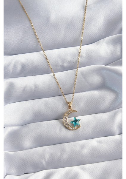 316L Çelik Gold Renk Zincir Zirkon Taş Detay Hilal Yıldızı Figür Kadın Kolye