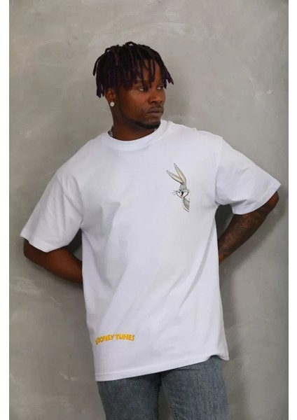 Unisex Oversize Baskılı Bisiklet Yaka T-Shirt - Beyaz fiyatları