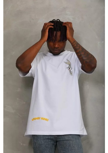 Unisex Oversize Baskılı Bisiklet Yaka T-Shirt - Beyaz fırsatları