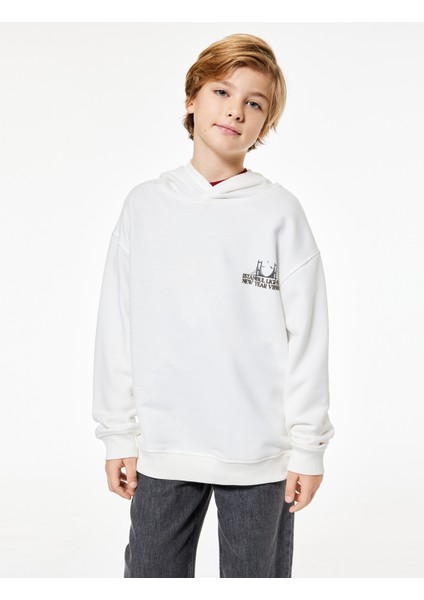 Pamuklu Uzun Kollu Baskılı Oversize Kapşonlu Sweatshirt