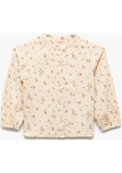 Pamuklu Çiçek Desenli Yuvarlak Yaka Uzun Kollu Gömlek