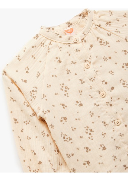 Pamuklu Çiçek Desenli Yuvarlak Yaka Uzun Kollu Gömlek modelleri