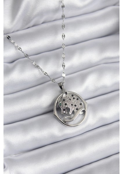316L Çelik Gümüş Renk Zirkon Taşlı Jaguar Model Kadın Kolye
