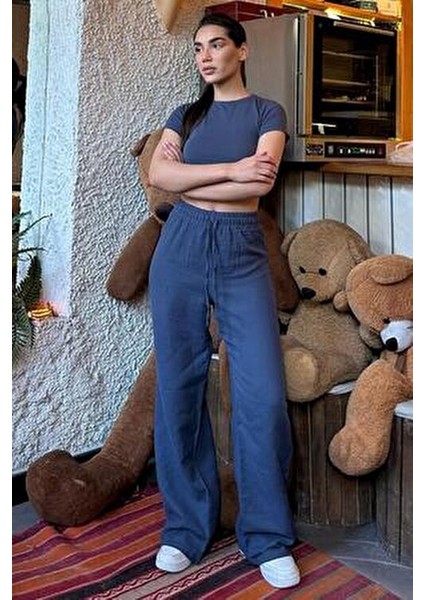 Koyu Mavi Bol Paça Müslin Kadın Pantolon %100 Pamuklu Rahat Kesim