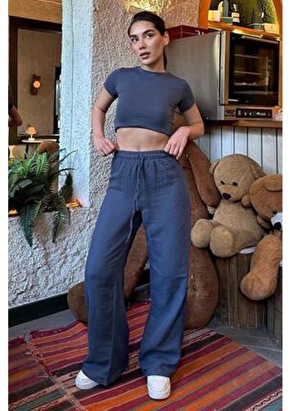 Koyu Mavi Bol Paça Müslin Kadın Pantolon %100 Pamuklu Rahat Kesim