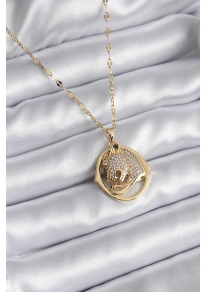 316L Çelik Gold Renk Zirkon Taşlı Jaguar Model Kadın Kolye