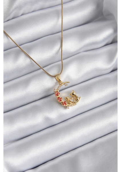 316L Çelik Gold Renk Hilal Kedi Model Zirkon Taşlı Detay Kadın Kolye