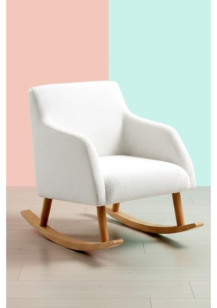 Loop Sallanan Sandalye – Ekru Teddy Kumaş | Doğal Ahşap Ayaklı Berjer - Sallanan Koltuk