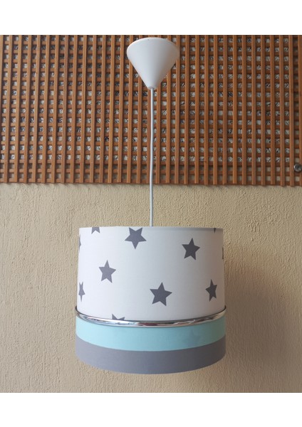 Beyaz Yıldız Gri Yeşil M-0392 Kumaş Kaplama Yıldızlı Çocuk Odası ve Bebek Odası Avize Aydınlatma Sarkıt
