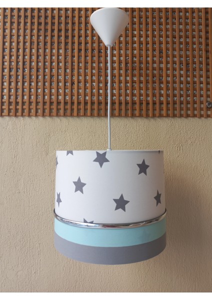 Beyaz Yıldız Gri Yeşil M-0392 Kumaş Kaplama Yıldızlı Çocuk Odası ve Bebek Odası Avize Aydınlatma Sarkıt modelleri