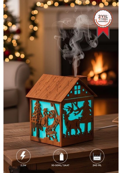 H14 Açık Kahverengi Yılbaşı Temalı Ahşap Görünümlü 240ML Hava Nemlendirici Buhar Makinesi