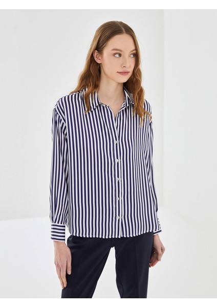 Yeni Sezon Çizgili Uzun Kollu Oversize Saten Kadın Gömlek