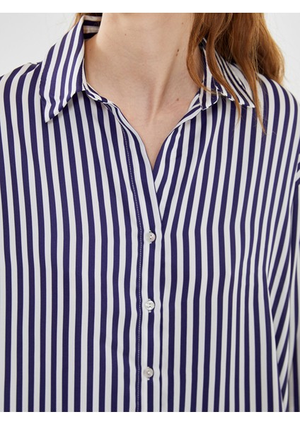 Yeni Sezon Çizgili Uzun Kollu Oversize Saten Kadın Gömlek modelleri