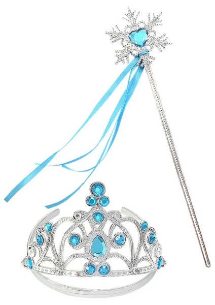 Mavi Taşlı Elsa Çocuk Taç ve Kar Temalı Kurdeleli Elsa Asası Sopası