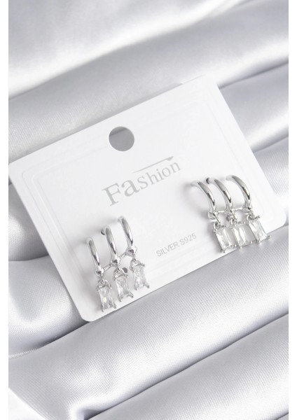 Pirinç Gümüş Renk 3'lü Sallantı Zirkon Taşlı Küpe