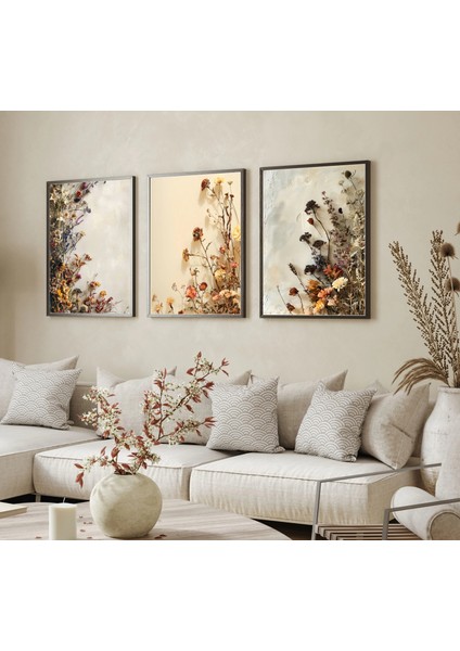 3 Parça Çerçeveli Dekoratif Renkli Çiçekler Ahşap Tablo Seti, Ev Dekoru Bestablo