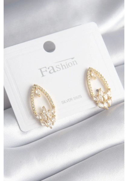 Pirinç Gold Renk Zirkon Taşlı Kadın Küpe