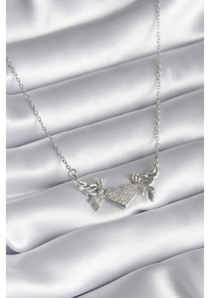 316L Çelik Gümüş Renk Zirkon Taşlı Kanat Kalp Model Kadın Kolye