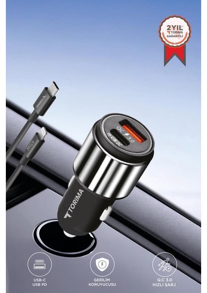 C16 45W Silver Araç Şarj Cihazı Lıghtnıng Kablolu Hızlı Şarj Adaptörü