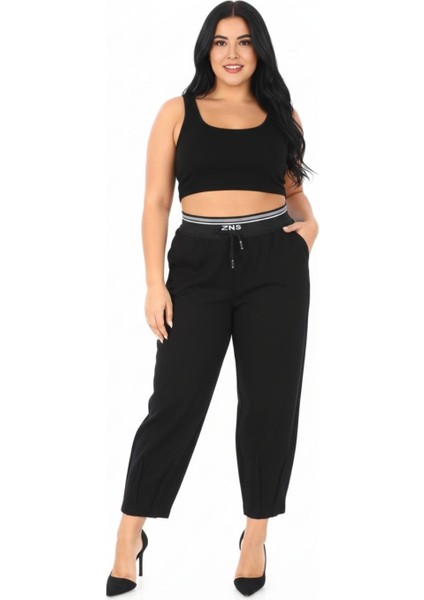 Büyük Beden Lastikli Yüksek Bel Örme Likralı Geniş Kalıp Mom Kadın Pantolon