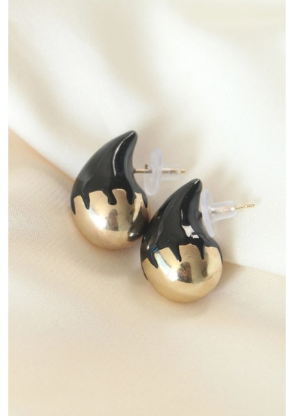 Minimal Siyah Mineli Çift Renk Damla Küpe fiyatları